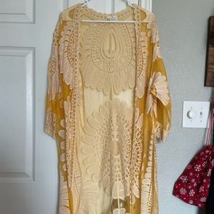 Long sleeve long lace yellow cardigan